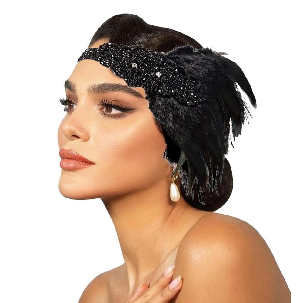 Flapper Headpiece Black Feather Rhinestone Gatsby Style Women Accessories